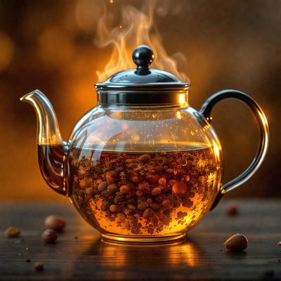 The primary subject of the image is a teapot filled with tea, placed on a wooden table. The teapot is made of silver and has a glass lid, allowing the tea to be visible. The setting is a cozy and warm environment, with the teapot being the main focus of the scene. The visual style is a realistic representation of the teapot and its contents. The colors and mood of the image are predominantly warm and inviting, with the silver teapot and the warm lighting